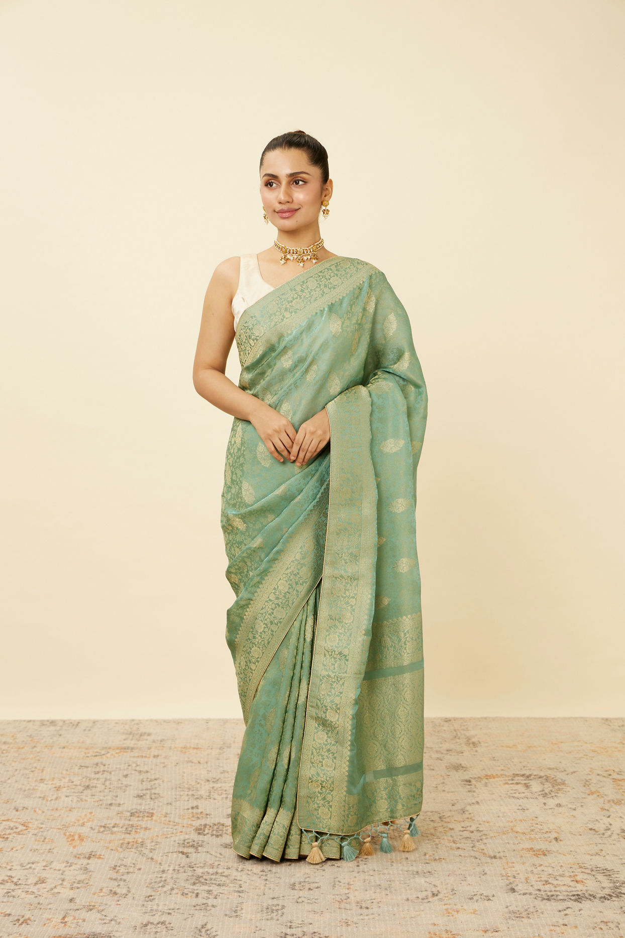Pastel Turquoise Saree with Floral Medallion Patterns image number 0